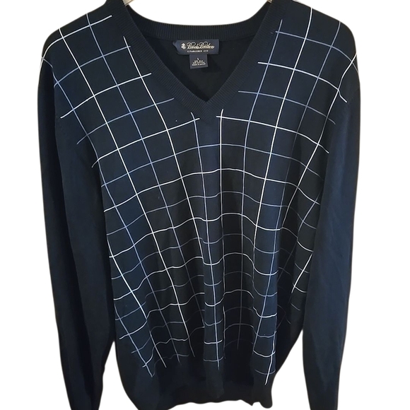 Brooks Brothers Sweater Mens L Black Windowpane Checks Silk Knit V Neck Pullover - Picture 1 of 10